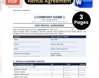 Tent Rental Agreement Template | Tent Rental Contract | Event Tent Rental Form | Editable Word & PDF