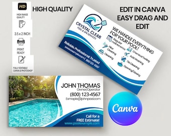 Plantilla editable de tarjeta de presentación para limpieza de piscinas en Canva – Tarjeta de presentación para servicios de piscinas – Tarjeta de presentación para limpiadores de piscinas - Editable en Canva