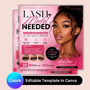 Puede incluir: Folleto rosa y blanco con el texto "Lash Model Needed" y una foto de una mujer con largas pestañas. El folleto promociona conjuntos de pestañas clásicas, híbridas y de volumen. Incluye información de contacto y una plantilla de Canva.