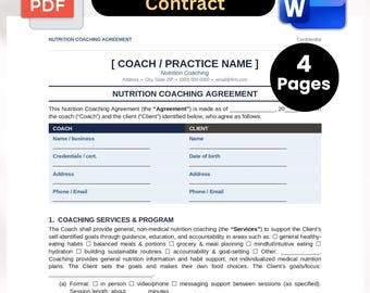 Nutrition Coaching Contract Template | Nutrition Coach Agreement | Wellness Coaching Contract | Editable Word & PDF