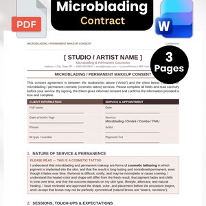 Peut inclure: Un contrat de consentement de trois pages pour le microblading et le maquillage permanent. Le formulaire comprend des sections pour les détails du studio et de l'artiste, les informations du client, les données de rendez-vous et les mentions légales.
