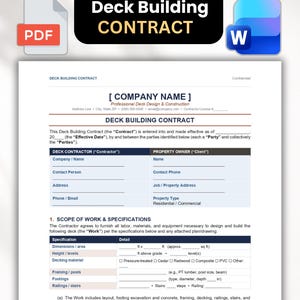 May include: A digital deck building contract template featuring a black header with white text reading Deck Building Contract, accompanied by PDF and Word document icons. The form includes fields for company name, contractor and client details.