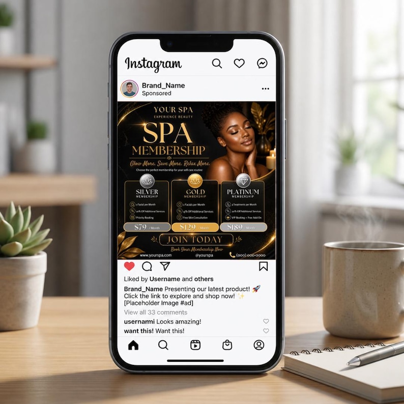 May include: A smartphone screen shows an Instagram advertisement for a spa membership. The post includes a woman's image and details of Silver, Gold, and Platinum membership levels. The design uses black and gold colours.