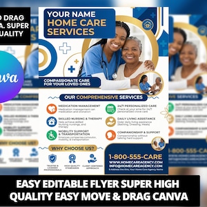 Puede incluir: Un folleto de servicios de atención domiciliaria muestra a una enfermera y a una anciana. El folleto incluye el texto "Your Name Home Care Services" y enumera servicios como gestión de medicamentos, enfermería especializada y asistencia en la vida diaria. El folleto está diseñado para ser fácilmente editado en Canva.