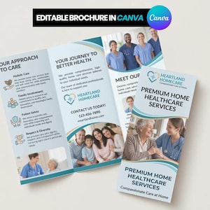 Könnte beinhalten: Eine Broschüre für Heartland Homecare, mit einem dreifachen Design und einer kleineren, gefalteten Broschüre. Die Broschüren zeigen Bilder von medizinischem Fachpersonal und Patienten mit Text zur Förderung von häuslichen Pflegediensten. Der Text "EDITABLE BROCHURE IN CANVA" steht oben.