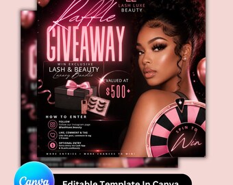 Beauty Raffle Giveaway Instagram Flyer Template Editable Canva Social Media Post for Lash Tech Salon Makeup Artist