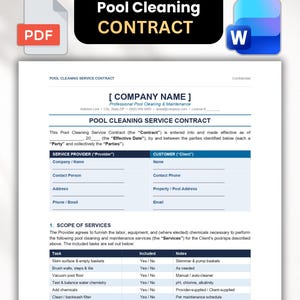 Könnte beinhalten: Eine digitale Vorlage für einen Poolreinigungsvertrag mit einer Überschrift mit dem Text Pool Cleaning CONTRACT, begleitet von PDF- und Word-Dokumentsymbolen. Das Formular enthält Abschnitte für Firmen- und Kundendaten, Leistungsumfang und Poolspezifikationen.
