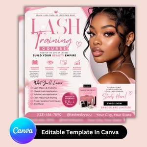 Puede incluir: Folleto promocional rosa y blanco para un curso de formación de pestañas. El folleto presenta a una mujer con largas pestañas, el texto "Curso de formación de pestañas" y detalles sobre el curso, incluido un bono de kit de inicio de pestañas. El folleto es una plantilla editable en Canva.