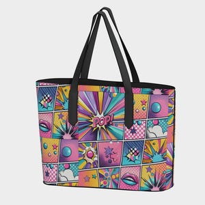 Pop art cartoon Vegan Leather Tote Bag, reusable shopping bags, perfect for gifts