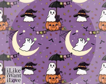 May include: A seamless Halloween pattern featuring ghosts, pumpkins, black cats, witch hats, and crescent moons on a purple background. The design includes the text "iLike iWant iLove", "Hand drawn illustration", and "Seamless pattern".
