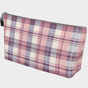Pink & Purple Plaid Makeup Bag: Denim Lined Canvas Accessory Pouch
