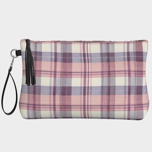 Pink & Purple Plaid Vegan Leather Makeup Bag: Travel Accessory