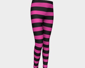 May include: Black and pink striped leggings for kids. The leggings have wide horizontal stripes.