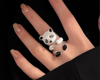 Ensemble de bagues ajustables en émail panda - Bague câlin, bijoux animaux