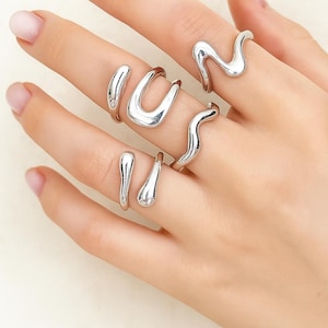 Adjustable Wave Ring Set: Gold & Silver Minimalist Jewelry