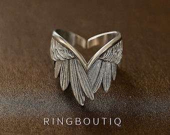925 Sterling Silver Angel Wings Ring • Adjustable Feather Wrap Ring • Unisex Gift Jewelry