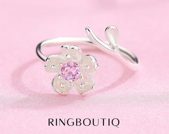 Kirschblüten Ring - Silber Blumen Ring mit Pink Zirkon