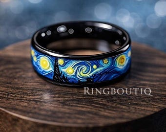 Anillo inspirado en la Noche Estrellada, banda celestial de galaxia azul, joyería artística unisex.
