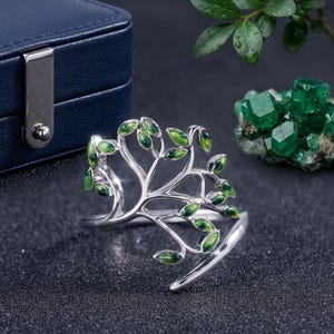 Sterling Silver Tree of Life Ring, Green Enamel Leaves, Adjustable Botanical Jewelry