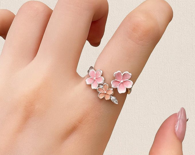 Cherry Blossom Ring: Silver Flower with Pink Enamel, Sakura Jewelry