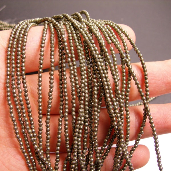 Pyrite - 2mm round beads -1 full strand - 205 beads - A quality