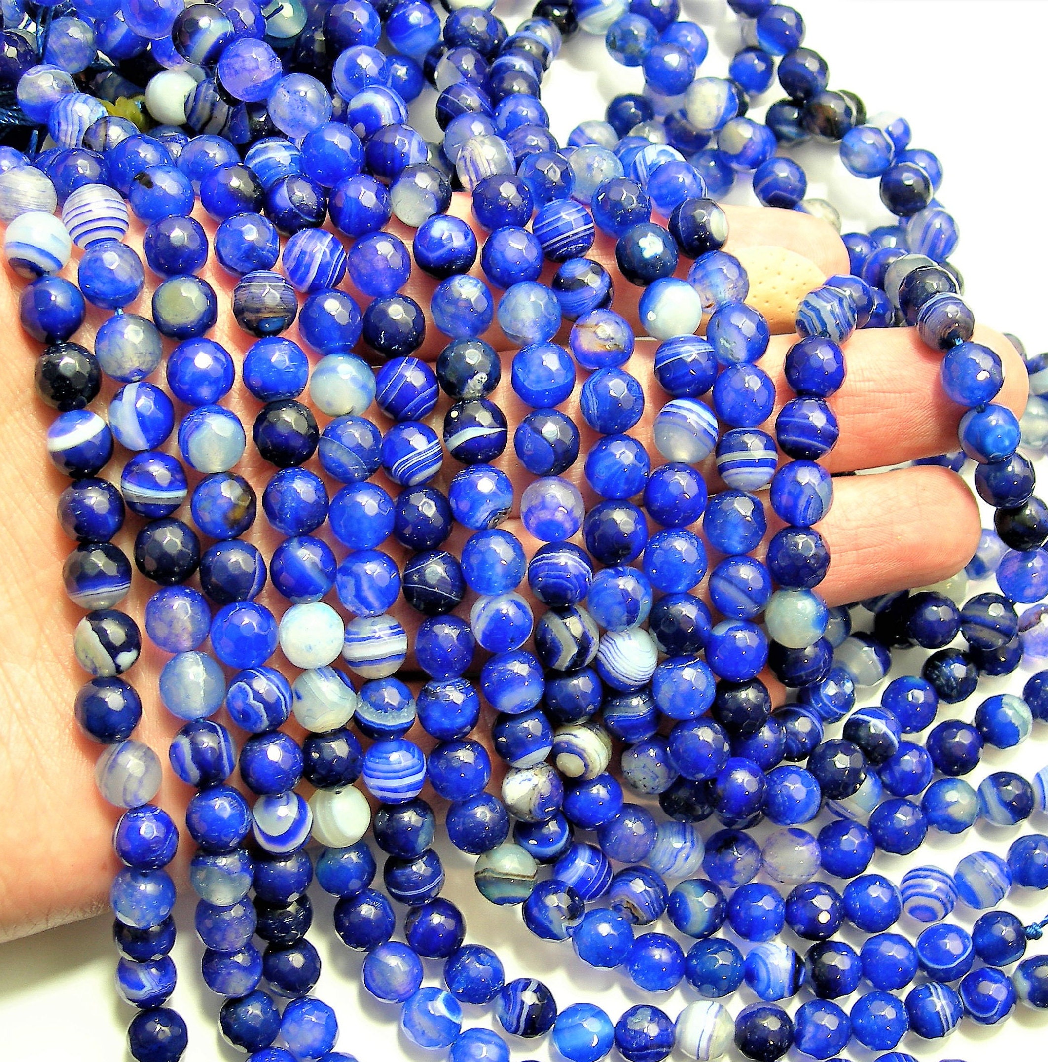 Blue Banded Agate - 8mm faceted round beads - full strand - 48 beads
