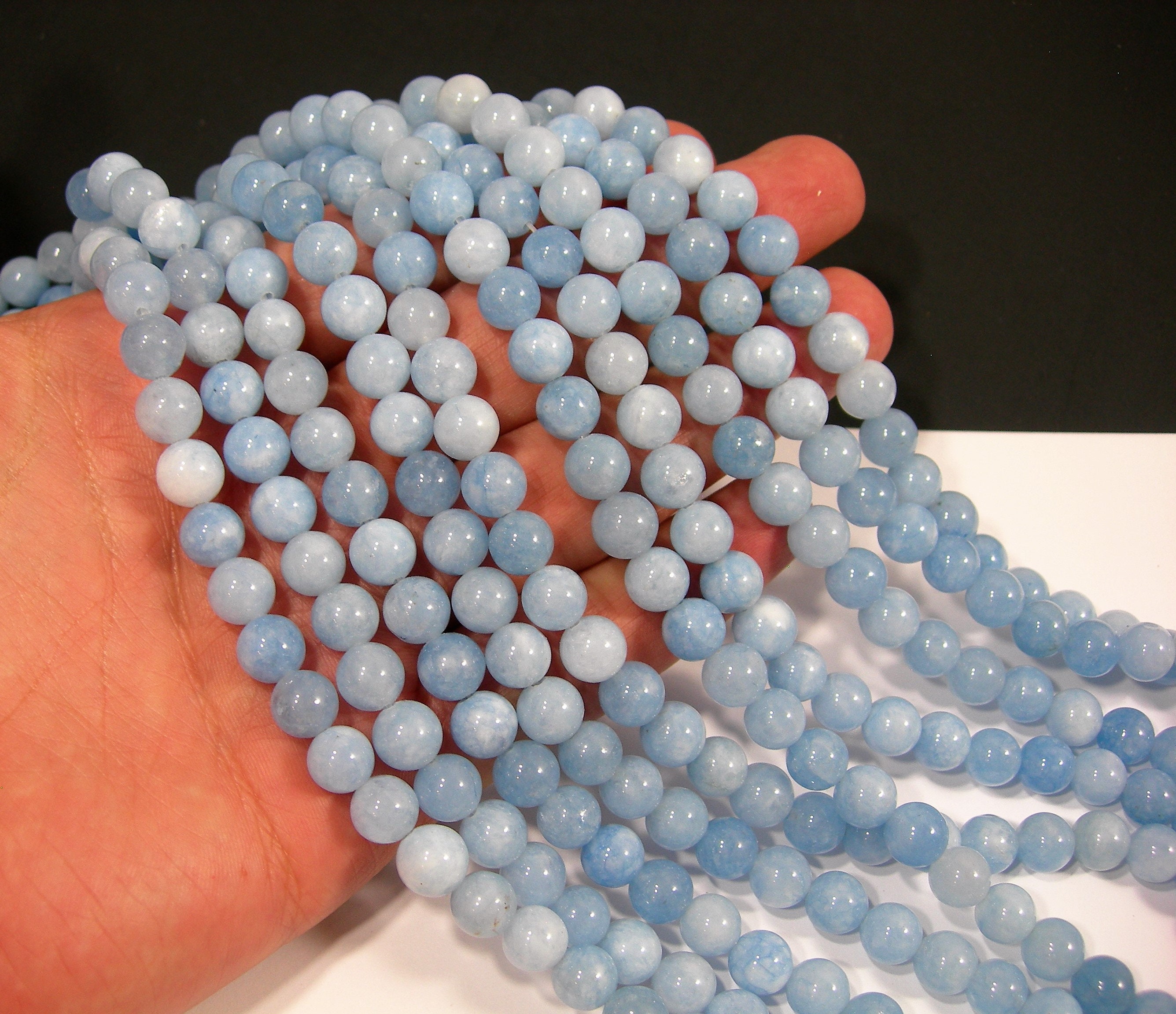 Jade Blue B&B, Québec, Canada Malaysia Jade - 8 mm round beads - full strand - 48 beads - Light blue
