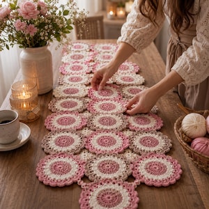 Peut inclure: Chemin de table en crochet fait à la main avec un motif floral, composé de cercles roses, crème et bruns. Le chemin de table est présenté sur une table en bois, avec un vase de roses roses et des bougies en arrière-plan.