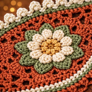 Peut inclure: Gros plan sur un napperon crocheté fait à la main avec un motif floral central. Le napperon présente une palette de couleurs rouille, verte, crème et jaune. Le travail de crochet complexe comprend des ajours et un bord festonné.
