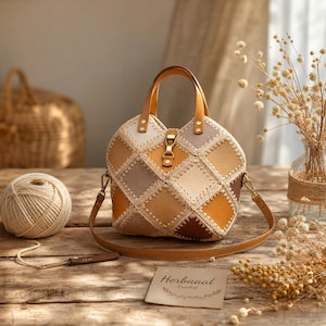 Peut inclure: Un sac à main composé de panneaux carrés en patchwork dans des tons de beige, de brun et de fauve, assemblés par des coutures au crochet crème. Il possède deux anses en cuir, un fermoir en métal doré et une bandoulière en cuir amovible.
