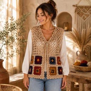 Peut inclure: Un gilet sans manches en crochet avec un motif en losanges ajourés beige sur la partie supérieure et une partie inférieure composée de carrés granny multicolores dans des tons bleu marine, jaune moutarde et rouge foncé, noué par des liens.