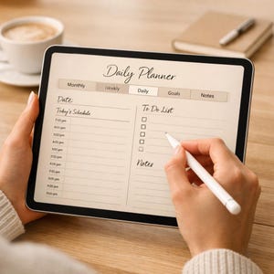 Könnte beinhalten: Ein digitales Tablet, das ein "Daily Planner"-Layout mit Abschnitten für Zeitplan und To-Do-Listen anzeigt. Eine Hand verwendet einen weißen Stift, um auf den Bildschirm zu schreiben. Eine Tasse Kaffee und ein Notizbuch befinden sich im Hintergrund.
