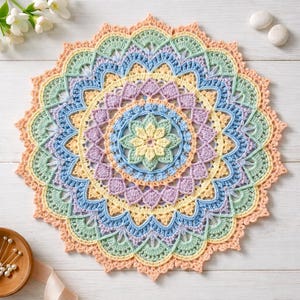 Pastel Mandala Crochet Pattern PDF - Easy Placemat for Beginners and Intermediate Crafters - DIY Tutorial for Home Decor - Digital File
