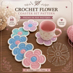 Peut inclure: Un modèle numérique pour des dessous de verre en crochet en forme de fleur avec le texte CROCHET FLOWER COASTER SET PATTERN, PREMIUM PDF PATTERN, Instant Download, Beginner Friendly, et Create Gift Enjoy. Inclut des images de dessous de verre.