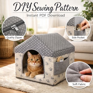 Peut inclure: Une maison pour chat en forme de maison, avec un toit gris à pois et un motif de pattes de chat. Elle possède une poche latérale et une fermeture éclair de qualité. Le texte "DIY Sewing Pattern" et "Instant PDF Download" sont visibles. Le tissu est doux.