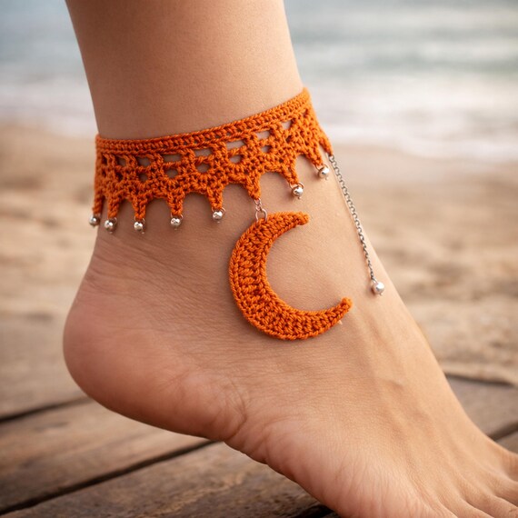 Patron PDF Bracelet Cheville au Crochet "Clair de Lune" | Dentelle Élégante | Charme Lune Croissant | Cadeau Fait Main
