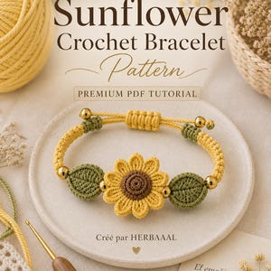 Könnte beinhalten: Nahaufnahme eines gehäkelten Armbands mit Sonnenblumenmotiv. Das Armband ist gelb und grün, mit goldfarbenen Perlen. Der Text "Sunflower Crochet Bracelet Pattern" und "Premium PDF Tutorial" ist im Bild enthalten.
