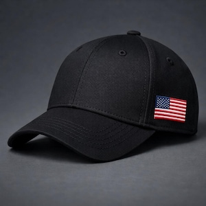 Peut inclure: Casquette de baseball noire avec une visière incurvée. Le chapeau présente un petit drapeau américain brodé sur le côté. Le chapeau est fait d'un tissu durable et a un style classique et décontracté.