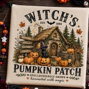Witch Pumpkin Patch PNG, Halloween Cottage PNG, Black Cat Pumpkin Design, Spooky Fall Shirt, Vintage Halloween Sublimation