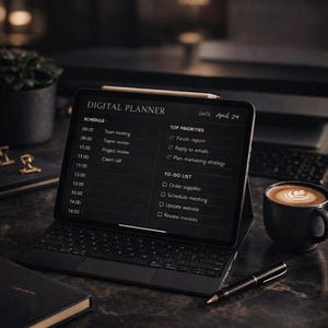 Peut inclure: Un planificateur numérique noir sur une tablette avec un clavier, affichant un emploi du temps et une liste de tâches. Un stylo, une tasse de café et un carnet sont également sur la surface sombre. L'écran affiche "DIGITAL PLANNER" et "April 24".
