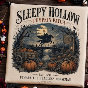 Sleepy Hollow Pumpkin Patch PNG | Headless Horseman Halloween Design | Vintage Spooky Fall POD | Digital Download