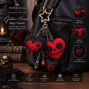 Peut inclure: Un modèle de crochet numérique pour un porte-clés sac en forme de cœur gothique par Herbaaal. L'image montre trois cœurs crochetés en noir et rouge, avec des motifs de crâne et de gouttes, fixés à un fermoir en métal en forme d'étoile.