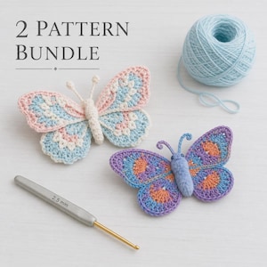 May include: Two crochet butterfly patterns in a bundle. One butterfly is pink, white, and blue, and the other is purple, blue, and orange. A ball of light blue yarn and a 2.5 mm crochet hook are also in the image. The text "2 PATTERN BUNDLE" is at the top.