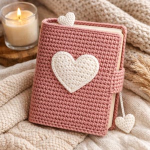 May include: A pink crocheted book cover with a large white heart applique. A smaller white heart is attached to the top edge, and another dangles from the closure. The cover is on a soft, textured surface, with a lit candle in the background.