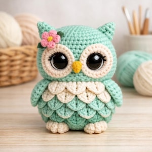 Op de afbeelding: Een handgemaakte gehaakte uil in tinten van teal, crème en geel. De uil heeft grote zwarte ogen, een kleine gele snavel en een roze bloem op zijn hoofd. Het lichaam van de uil is getextureerd met een schubbenachtig patroon. De uil is ongeveer 13 cm hoog.