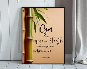 God is Our Refuge & Strength – Psalm 46:1 Printable Wall Art | Christian Digital Download | Minimalist Bamboo Scripture Decor
