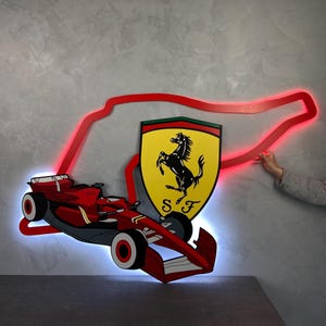 Houten Formule 1 Ferrari wanddecoratie met led-verlichting | 3D-racekaart met twee lagen voor F1-fans en autoliefhebbers | Ferrari Fan Cadeau