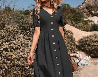 Custom Linen Midi Dress: Deep V-Neck Button Front, French Cottagecore