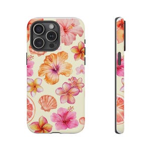 Custodia per telefono floreale, custodie resistenti e vivaci con ibisco e conchiglie, perfette per le vibrazioni estive, ottimo regalo per gli amanti della spiaggia