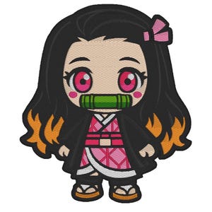 May include: An embroidered patch featuring a chibi-style character with long black hair, orange-tipped ends, and a pink hair accessory. The character has large pink eyes, a green bamboo muzzle, and wears a pink patterned kimono with a black outer coat.